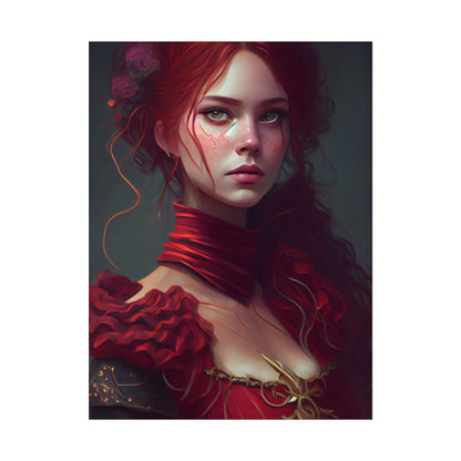 Vibrant Redhead Portrait: Female Artwork in Red Dress - Poster
