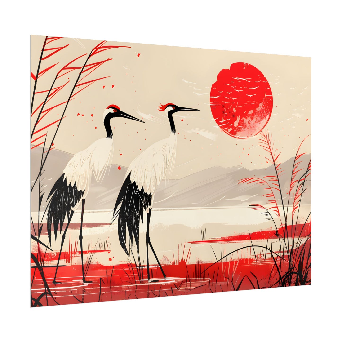 Peaceful Cranes in Serene Nature: Landscape Artwork - Poster