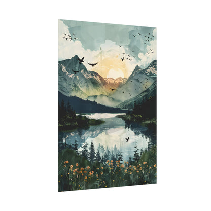 Serene Mountain Lake: Birds in Flight - Natural Art - Poster