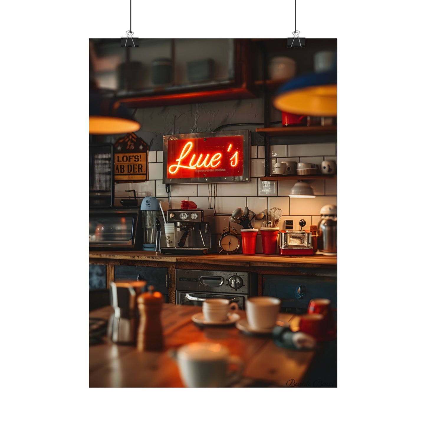 Cozy Retro Kitchen Artwork: Lukes Diner Sign Digital Art - Poster