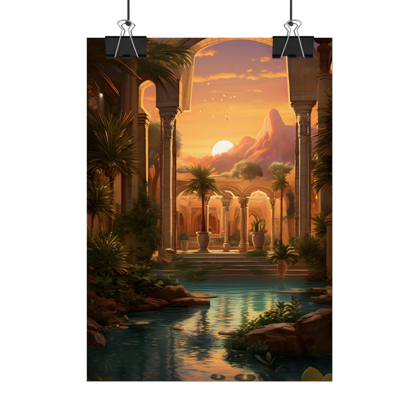 Desert Oasis at Sunset: Magical Desert Artwork - Poster