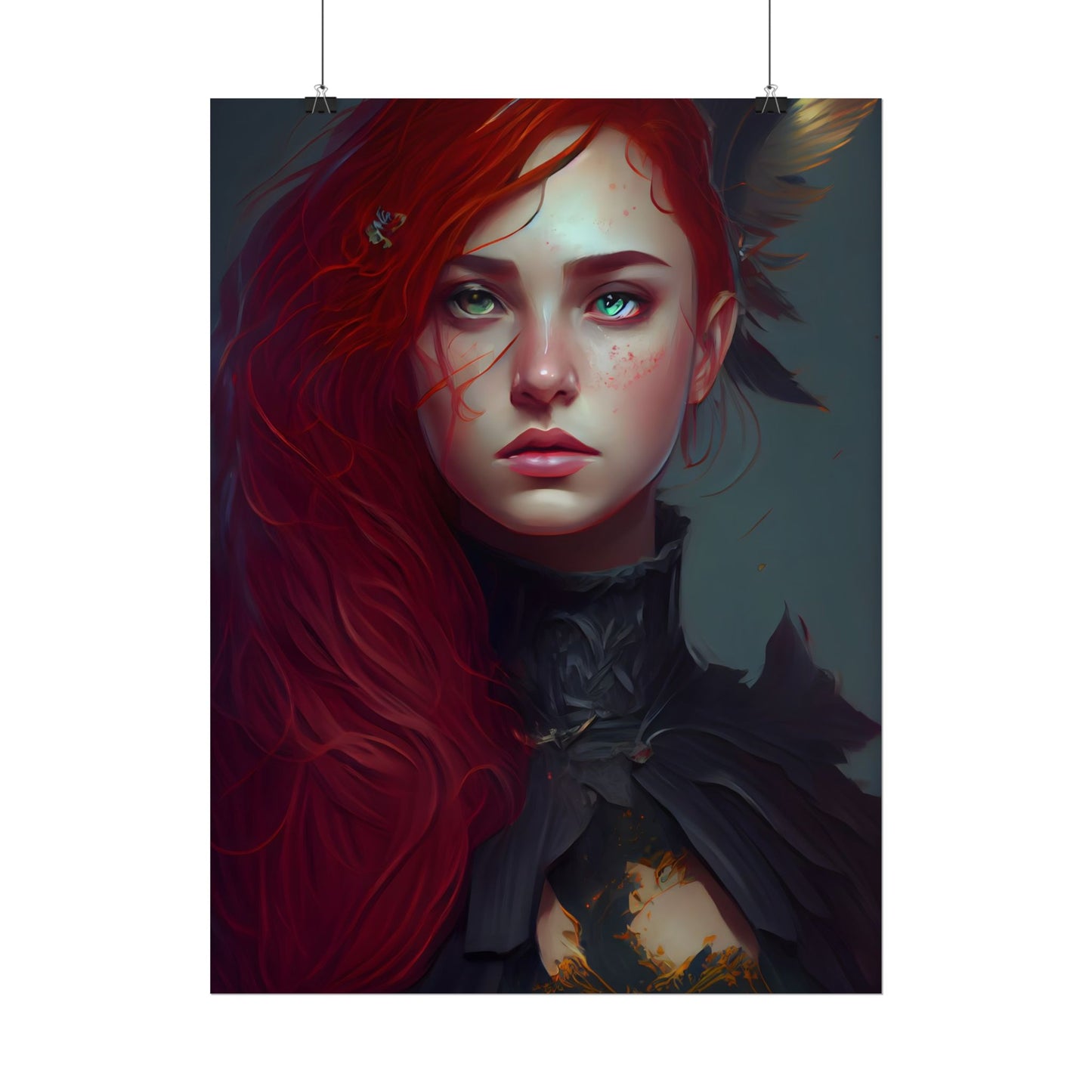 Vibrant Female Portrait: Red Hair Beauty in Neutral Dress - Poster
