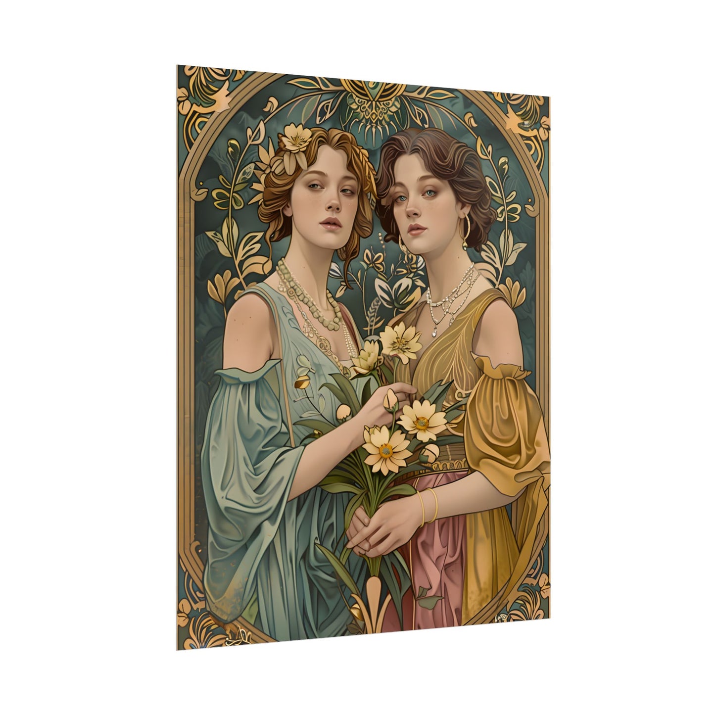 Two Women in Ornate Attire Holding Primr: Traditional Turkish Artwork - Poster