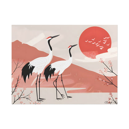 Serene Landscape with Cranes: Peaceful Nature Art - Poster
