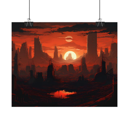 Cyberpunk Nighttime Cityscape: Burning City Digital Art - Poster