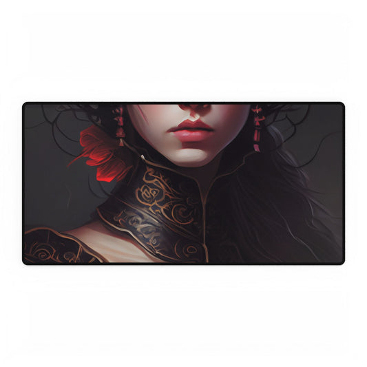Elegant Black Hair Portrait in White Dress - Desk Mat