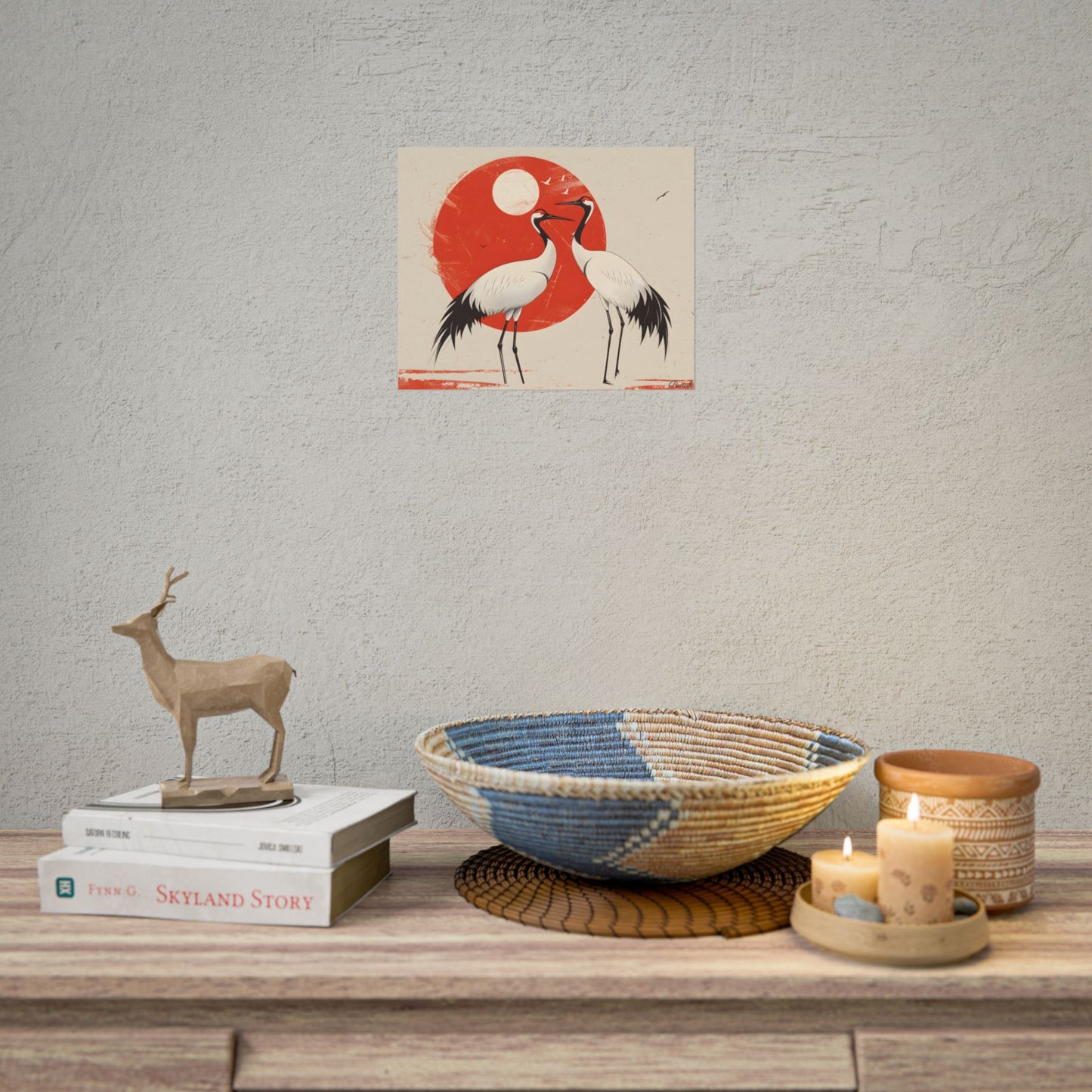 Serene Wildlife Sanctuary: Cranes in Red Nature Scene Art - Poster