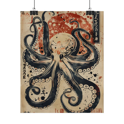 Stylized Octopus: Vibrant Japanese Ukiyo-E Artwork - Poster
