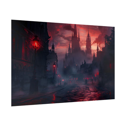 Gothic City Dusk: Pointed Arches and Misty Atmosphere - Poster