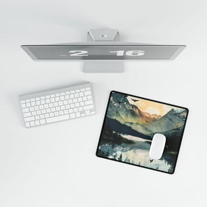 Serene Mountain Lake: Birds in Flight - Natural Art - Desk Mat