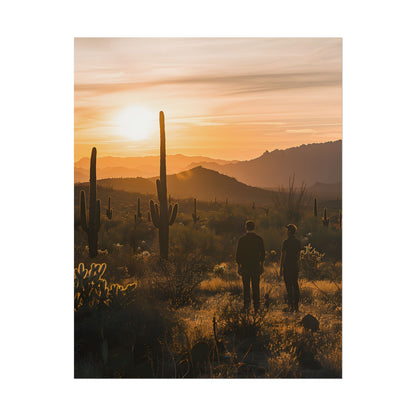 Desert Sunset Serenity: Two Friends Standing Together - Poster
