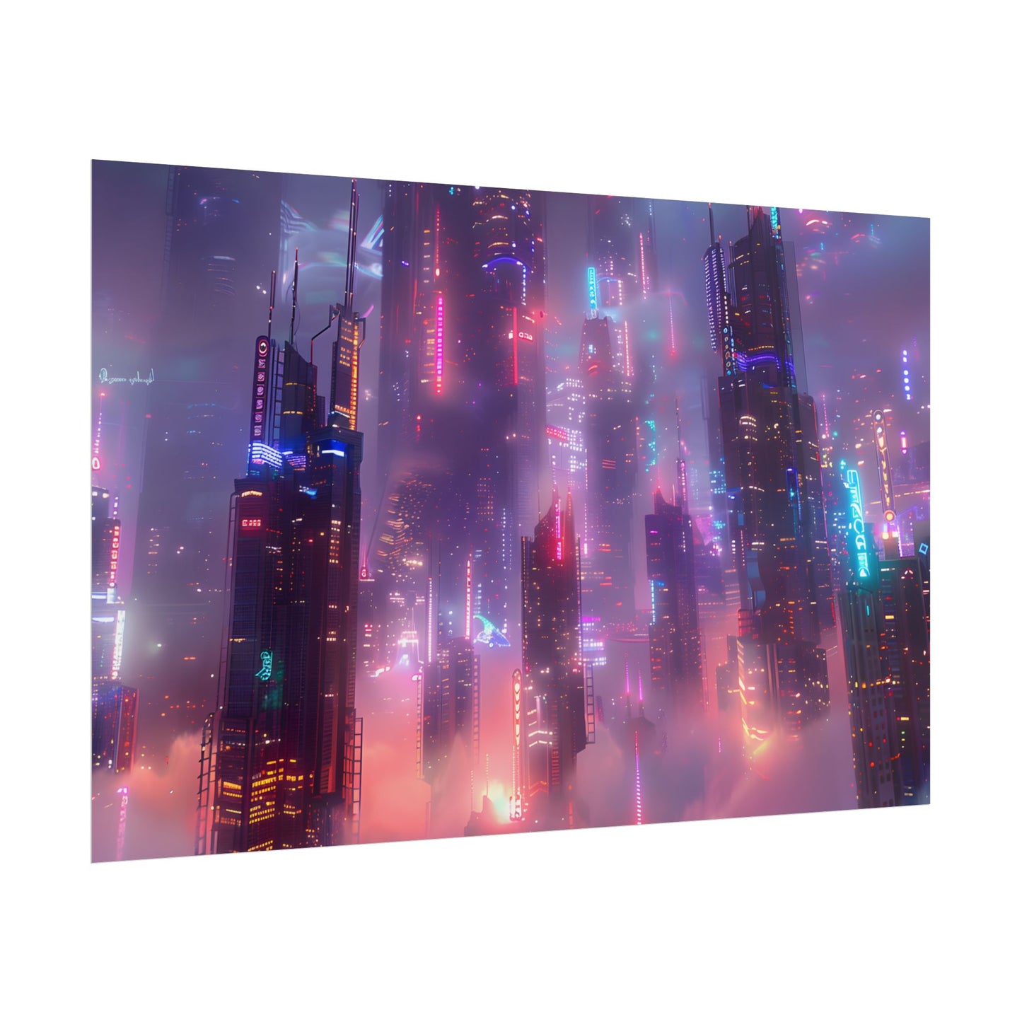 Neon Futuristic Cityscape: Graphic Modern Art - Poster