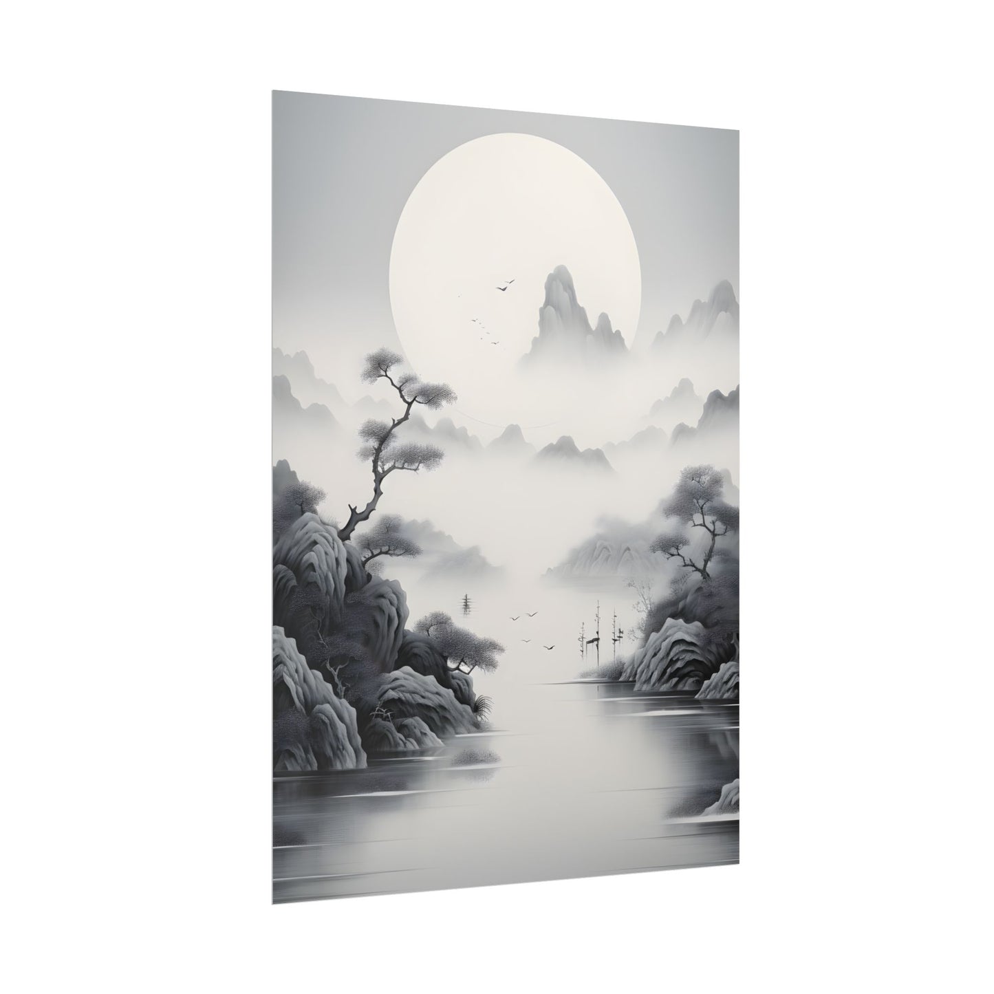 Chinese Ink Mirror Landscape: Serene Artwork - Poster