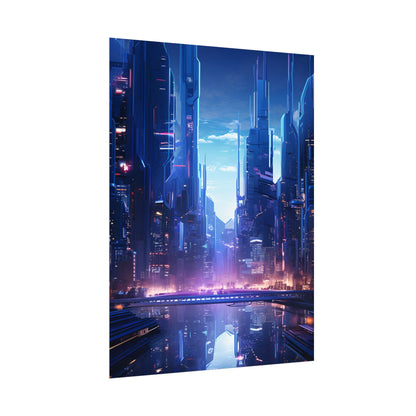 Dystopian Cyberpunk Cityscape: Glowing Neon Lights - Poster