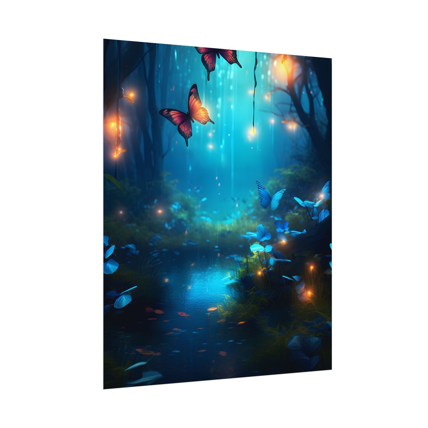 Moonlit Night Forest: Glowing Foggy Fantasy Bokeh Art - Poster