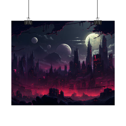 Burning Cyberpunk Cityscape at Night: Digital Art - Poster
