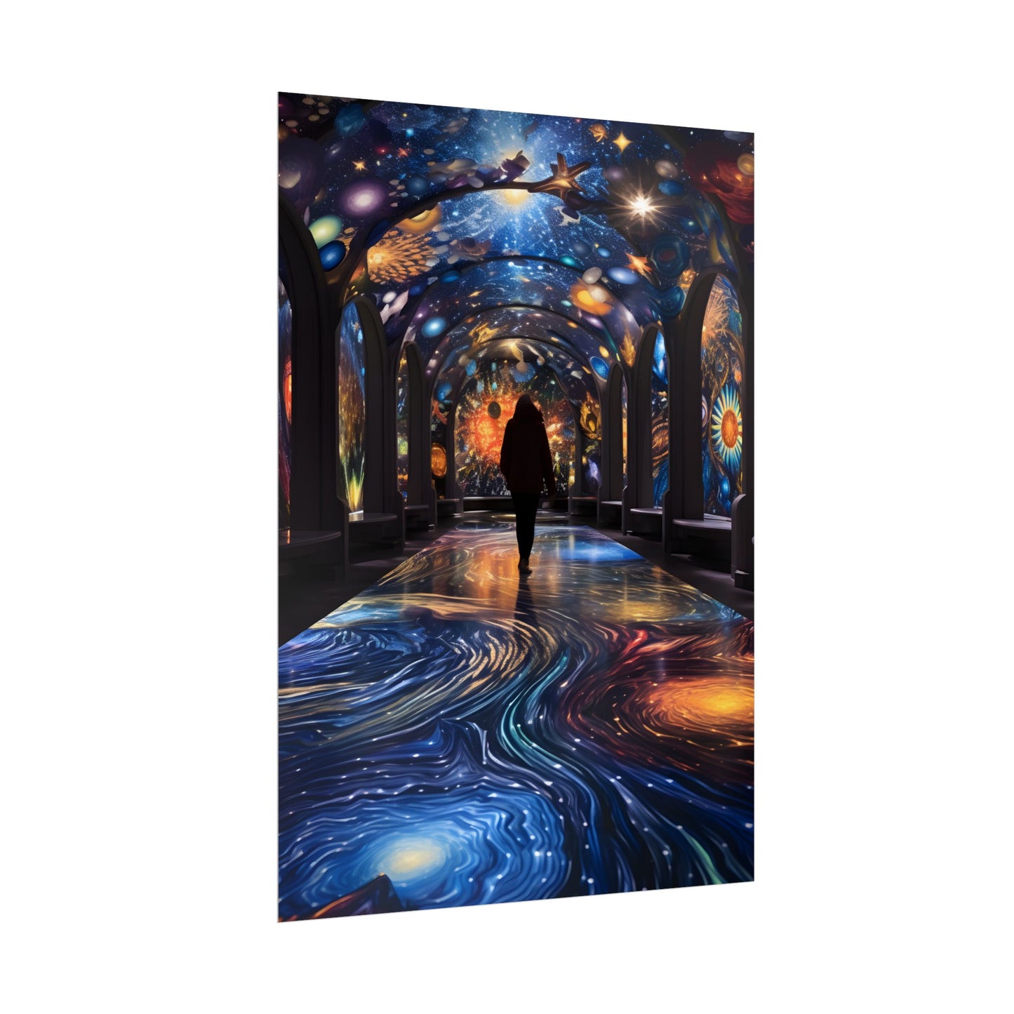 Celestial Art Gallery: Vibrant Space-Themed Artwork in a Colorful Interior - Poster