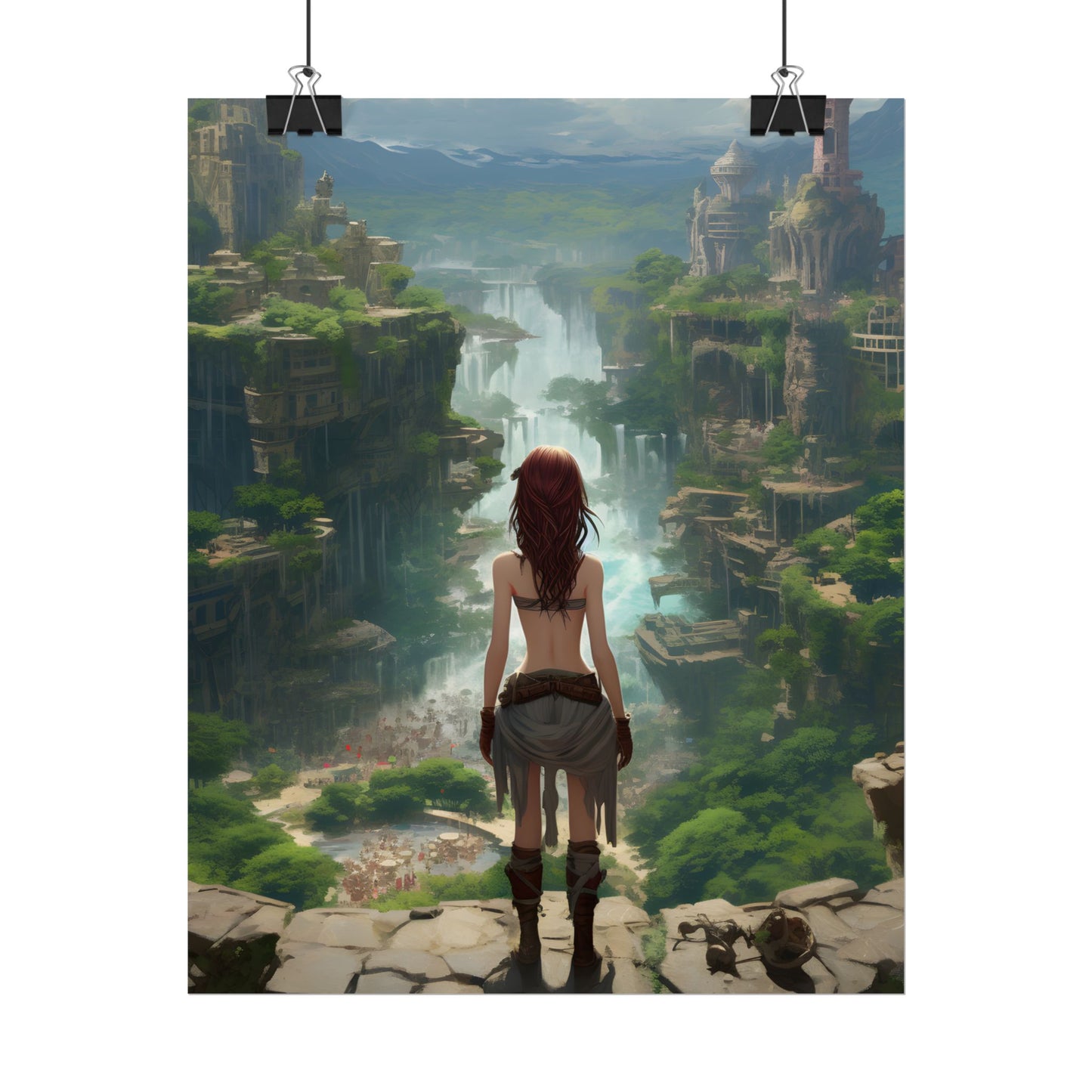 Dramatic Birds Eye View: Red Haired Anime Girl in Urban Landscape - Poster
