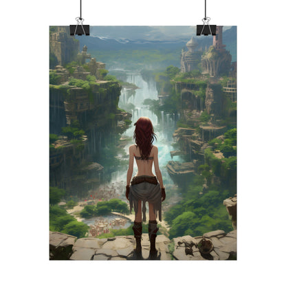 Dramatic Birds Eye View: Red Haired Anime Girl in Urban Landscape - Poster