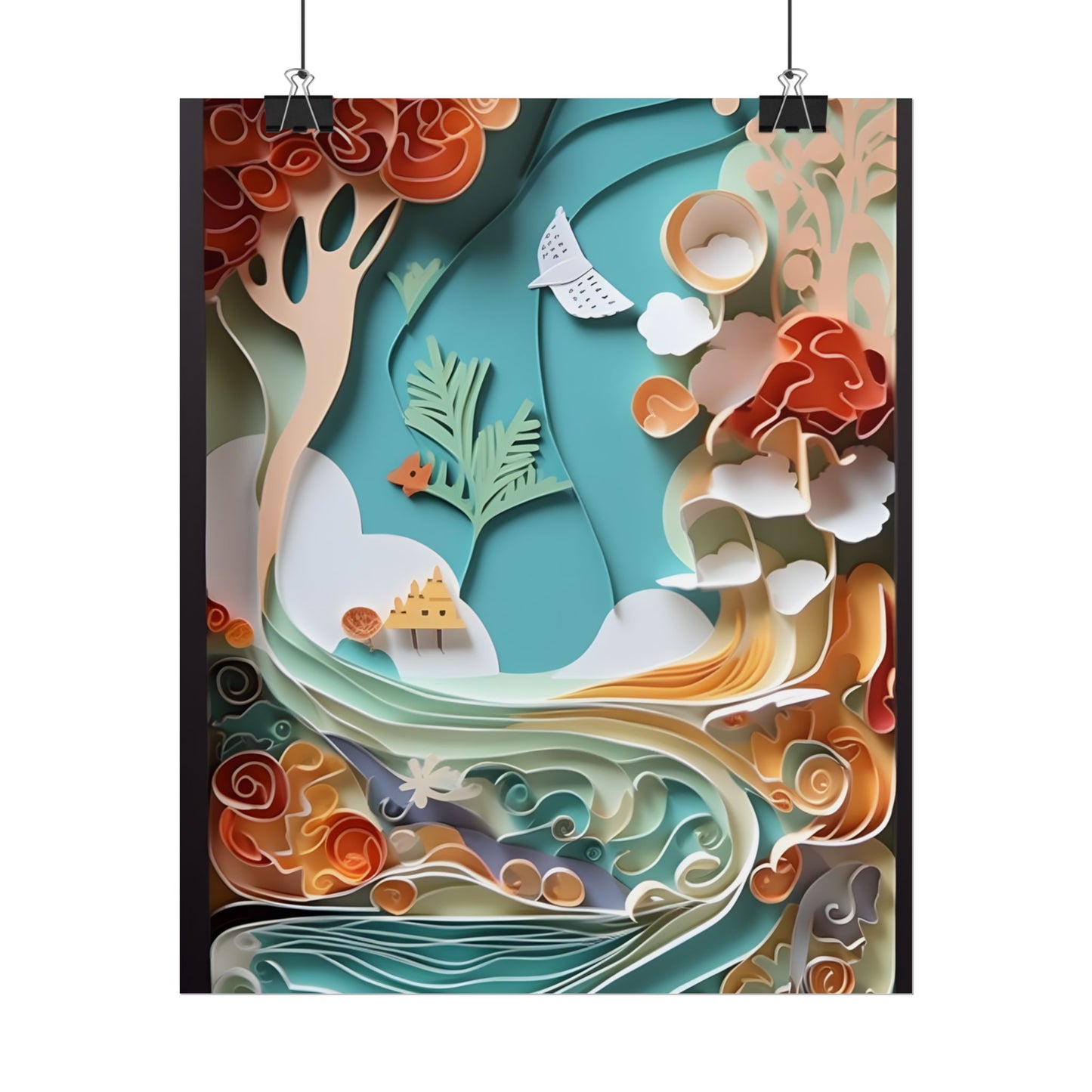 Paper Quilled Beach Sunset: Calming Beach Landscape Artwork - Poster