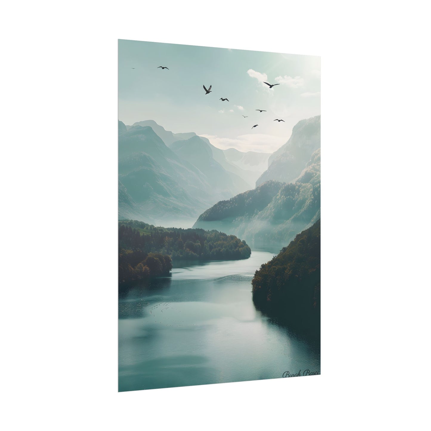 Explore Serene Mountains and Lake: Aerial Perspective Digital Art - Poster