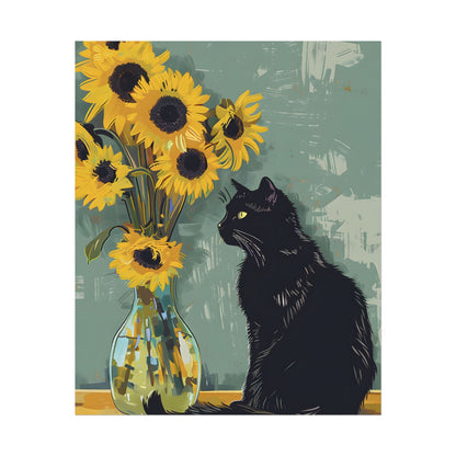 Whispers in the Sun: A Black Cat's Serene Moment with Sunflowers - Poster