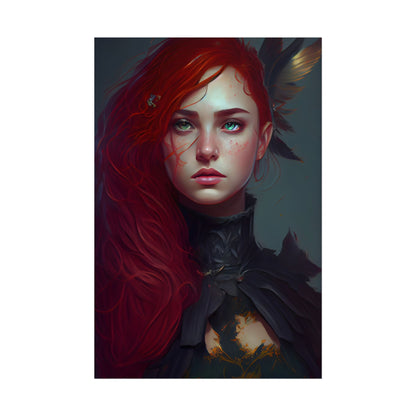 Vibrant Female Portrait: Red Hair Beauty in Neutral Dress - Poster
