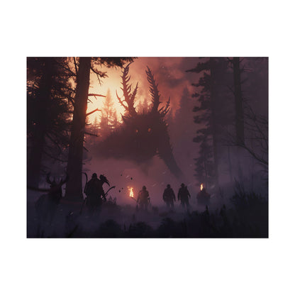 Serene Forest Sunset: Group Walking Through Misty Landscape - Poster