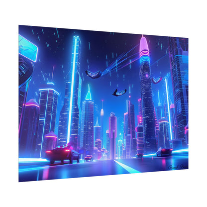 Vibrant Futuristic Cityscape: Neon Lights at Night Digital Artwork - Poster