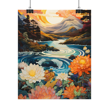 Peaceful River Landscape: Flowers Blooming - Poster