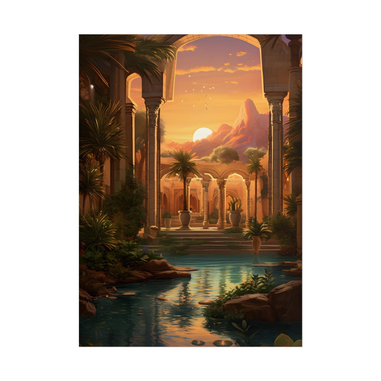 Desert Oasis at Sunset: Magical Desert Artwork - Poster