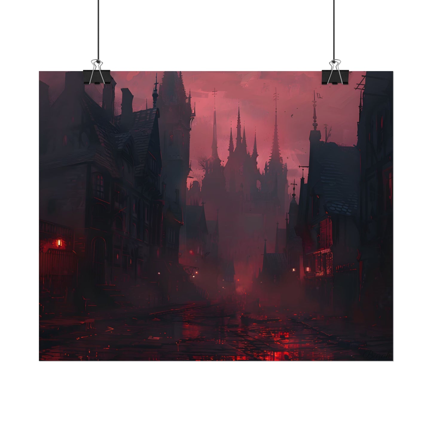 Dark Gothic Cityscape: A Serene Misty Dusk Scene - Poster