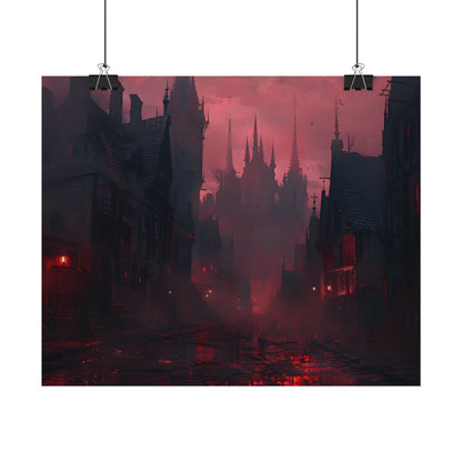 Dark Gothic Cityscape: A Serene Misty Dusk Scene - Poster