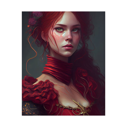 Vibrant Redhead Portrait: Female Artwork in Red Dress - Poster