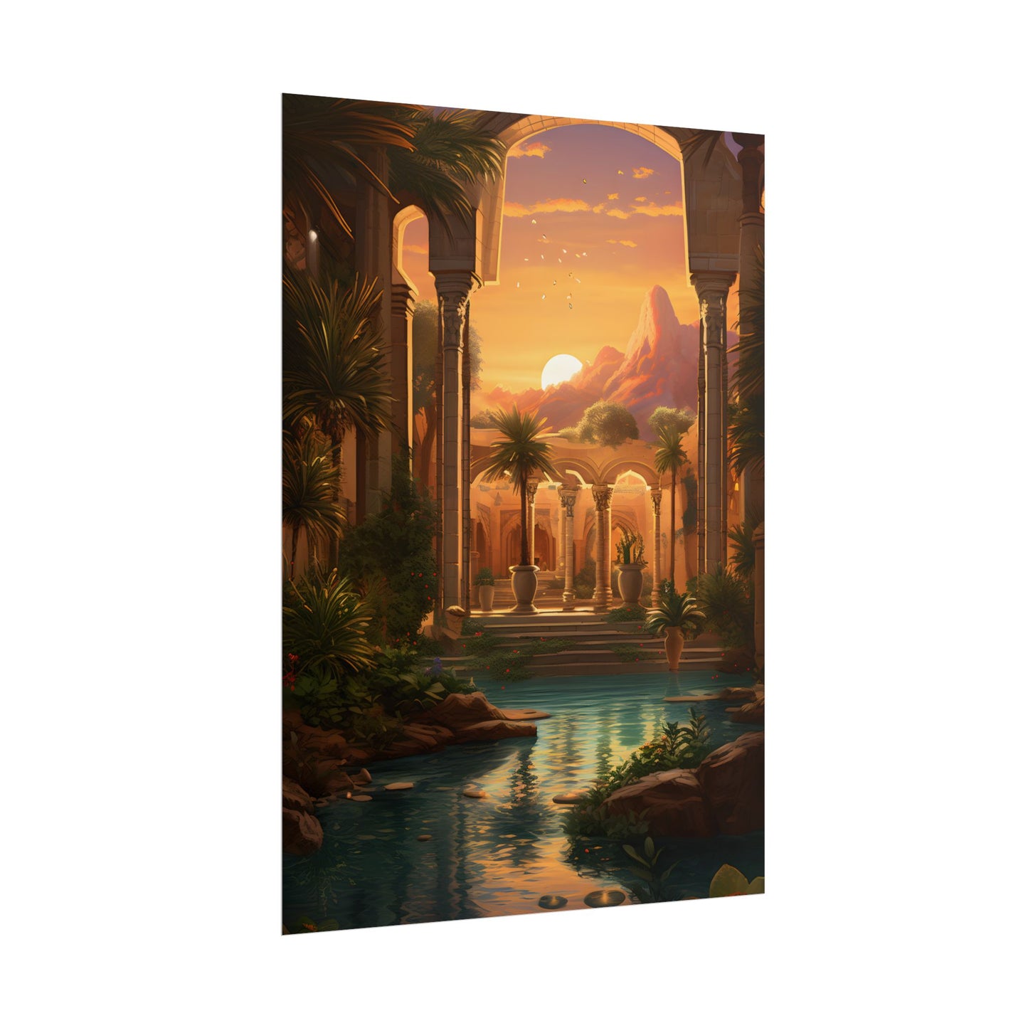Desert Oasis at Sunset: Magical Desert Artwork - Poster