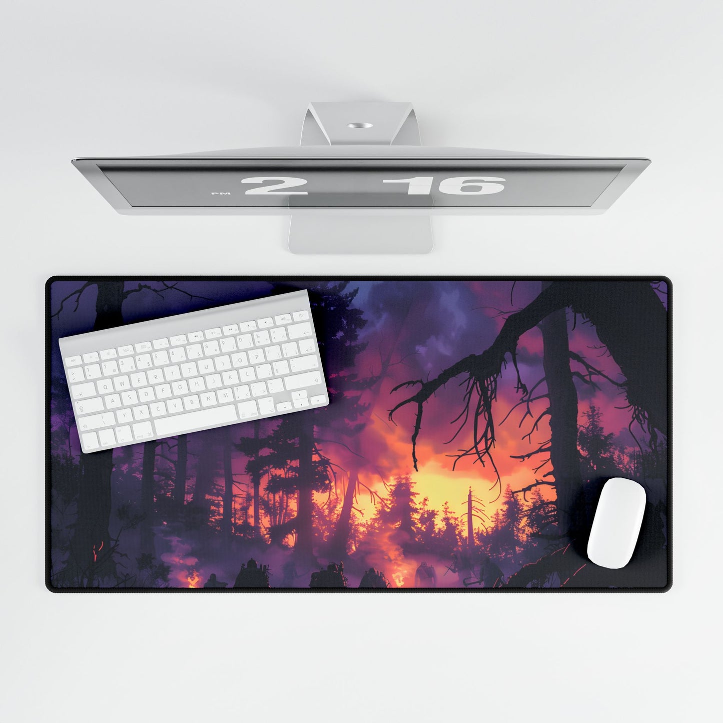 Misty Forest Sunset: Serene Hike Digital Art - Desk Mat