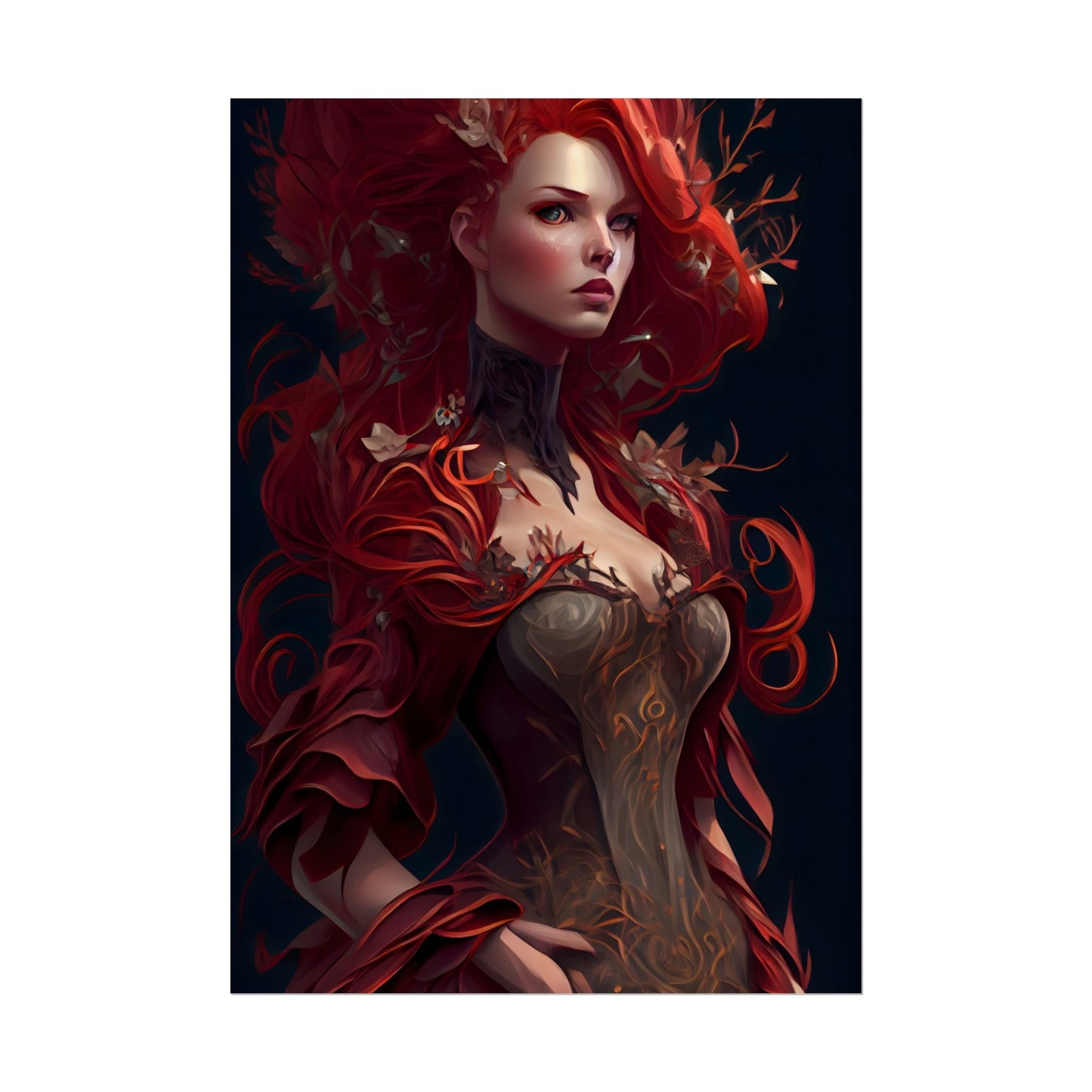 Red Hair Portrait: Elegant Female in Black Dress - Poster