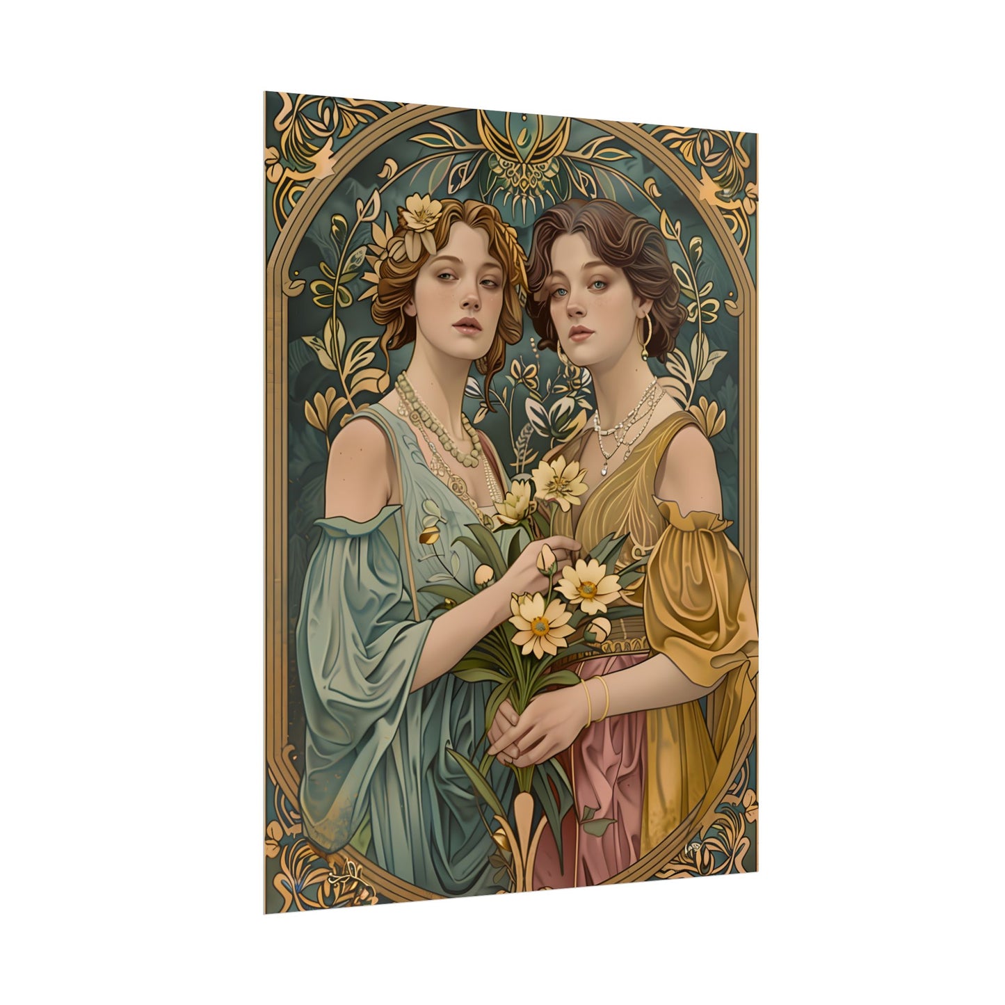 Two Women in Ornate Attire Holding Primr: Traditional Turkish Artwork - Poster