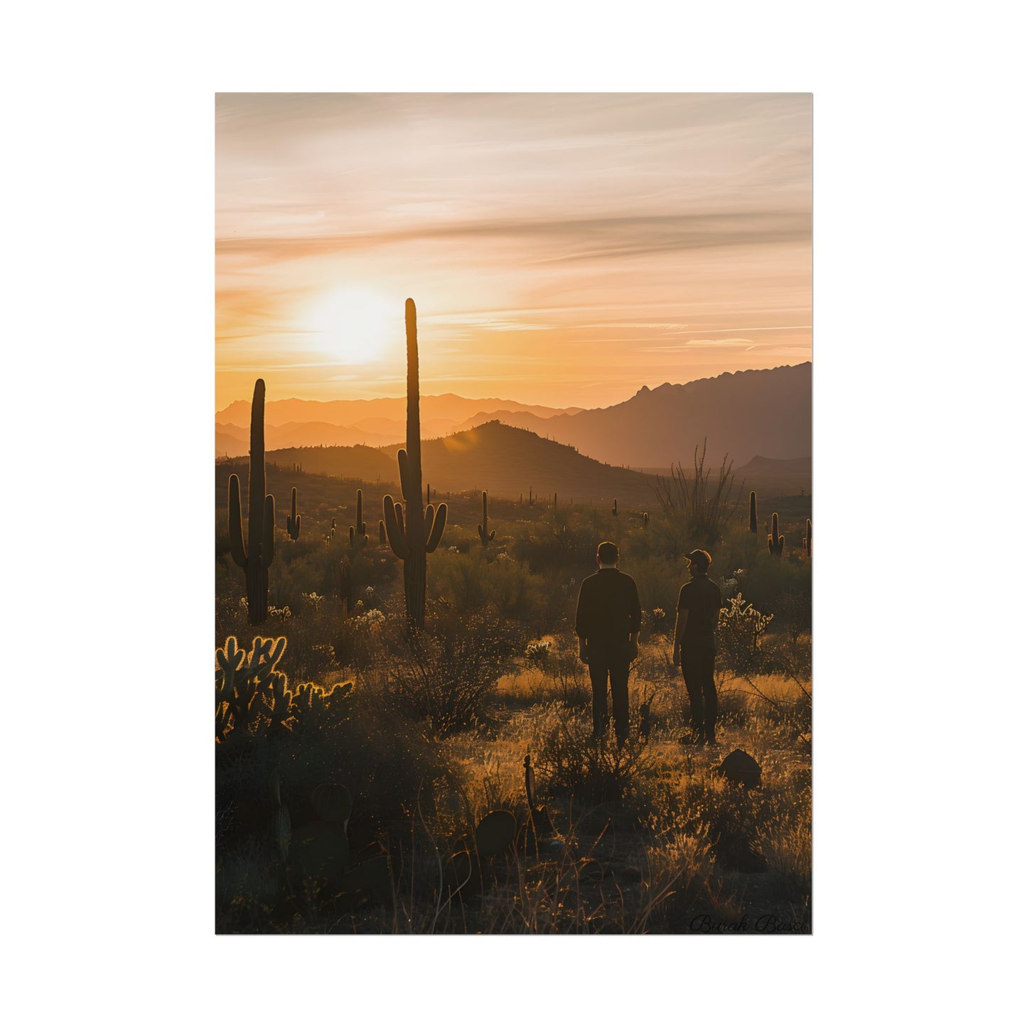 Desert Sunset Serenity: Two Friends Standing Together - Poster