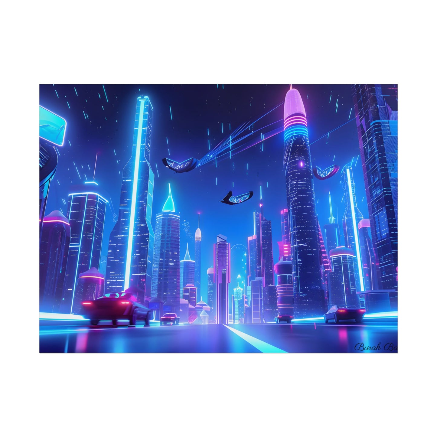 Vibrant Futuristic Cityscape: Neon Lights at Night Digital Artwork - Poster