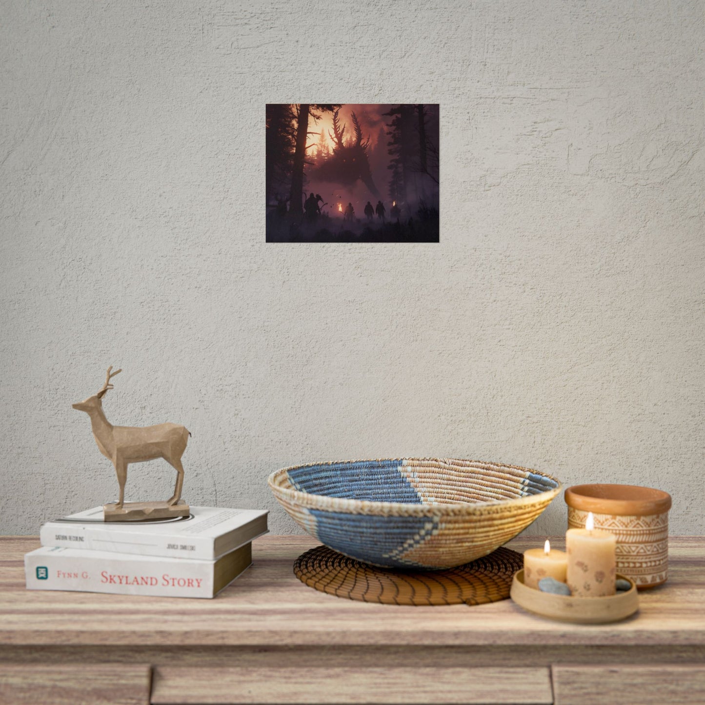 Serene Forest Sunset: Group Walking Through Misty Landscape - Poster