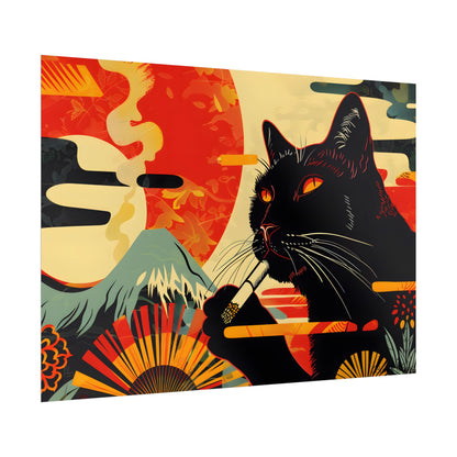 Whimsical Cat Smoking: Red & White Stripe Artwork - Poster