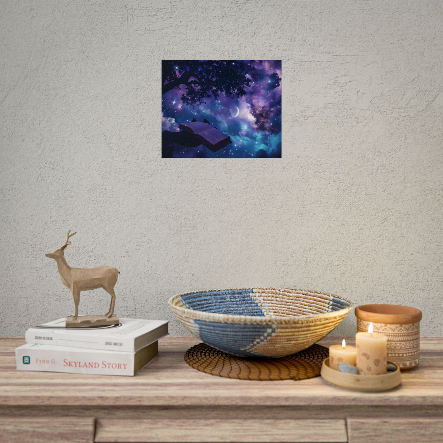 Mystical Night Sky: Celestial Dreams with Crescent Moon Art - Poster