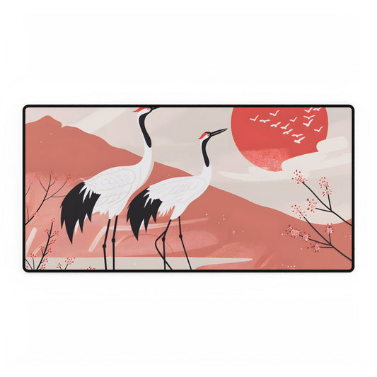 Serene Landscape with Cranes: Peaceful Nature Art - Desk Mat