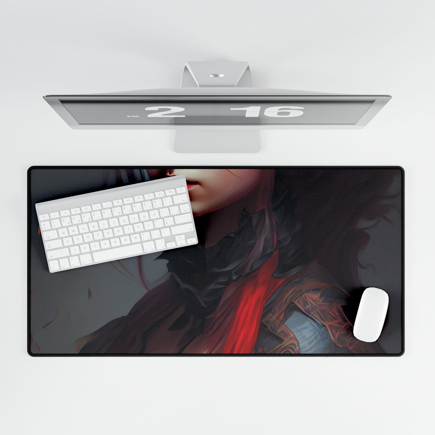 Vibrant Red Hair Female Portrait: Elegant Black Dress - Desk Mat