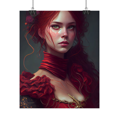 Vibrant Redhead Portrait: Female Artwork in Red Dress - Poster
