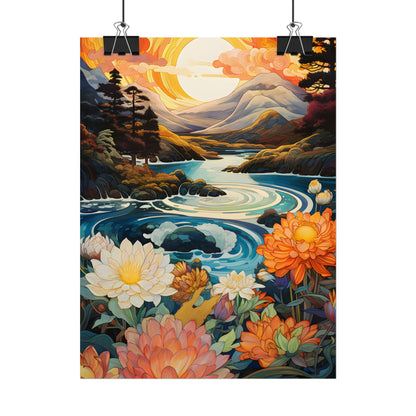 Peaceful River Landscape: Flowers Blooming - Poster