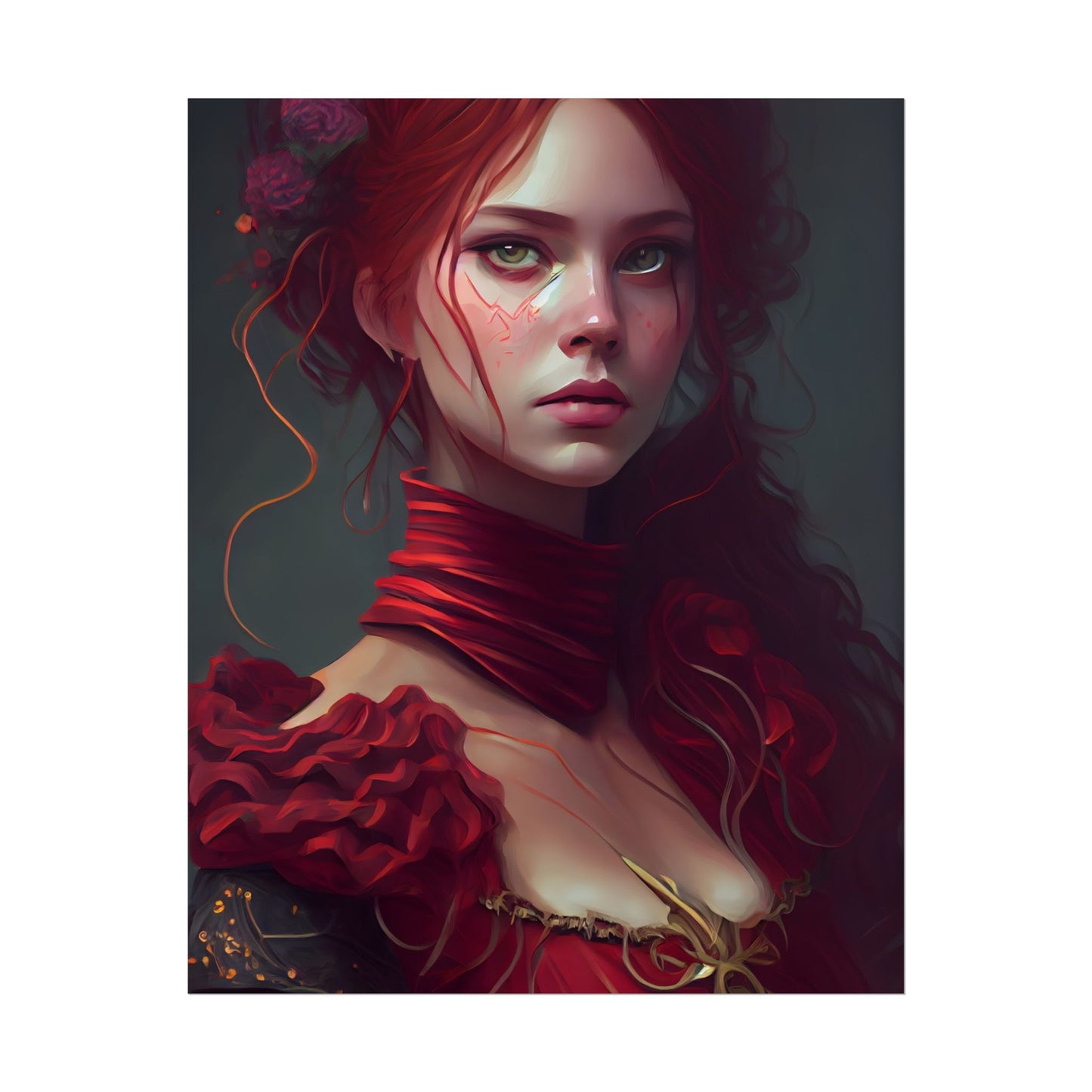 Vibrant Redhead Portrait: Female Artwork in Red Dress - Poster
