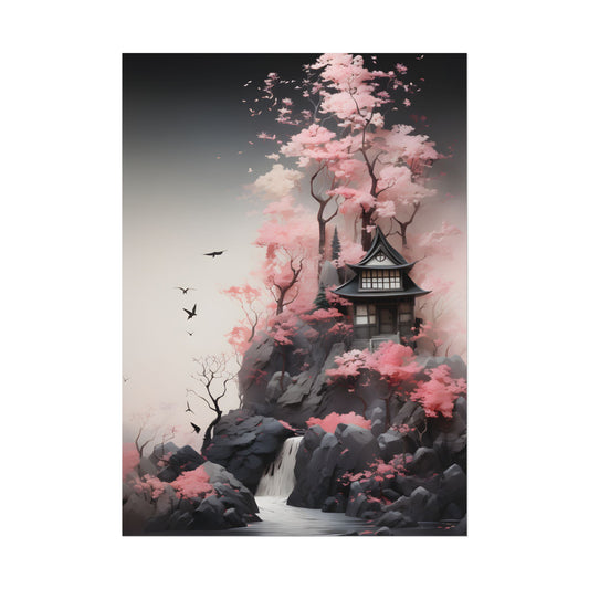 Ash Magenta Masterpiece: Rugged Landscape with Moss Green Forest - Poster
