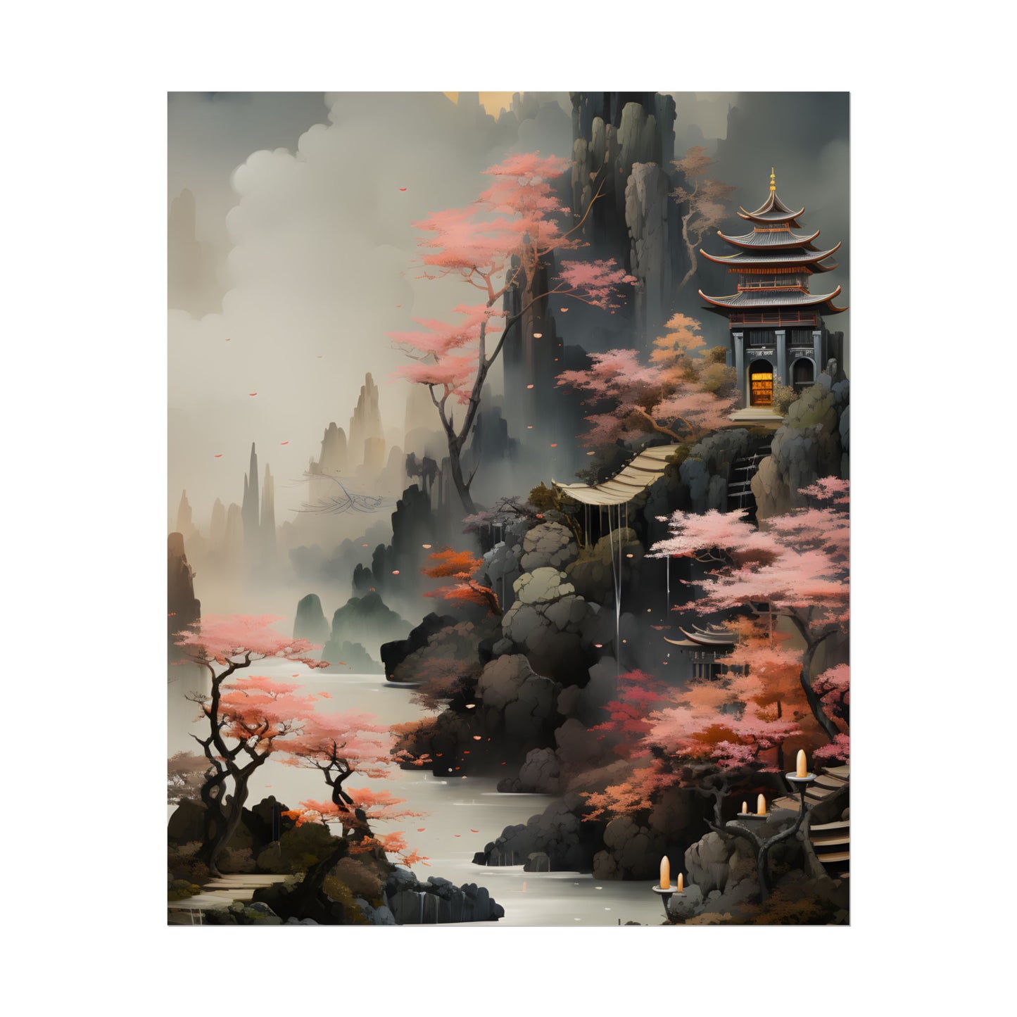 Vibrant Landscape in Moss Green: Ash Magenta Artwork - Poster